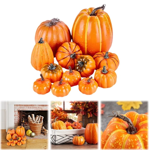 BinKFF 12 Pcs Pumpkin Fall Decorations, Decorative Mini Small Outdoor Foam Plastic Fake Faux Artificial Pumpkins for Autumn Harvest Festival Halloween Thanksgiving Home Table Decor