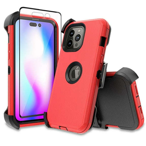 Xhy iPhone 14 Pro Case with Belt Clip Holster and Screen Protector Military Grade Heavy Duty Protection 3 in 1 Shockproof Armor Durable Detachable for iPhone 14 Pro 6.1 inch 2022 Phone - Red Black