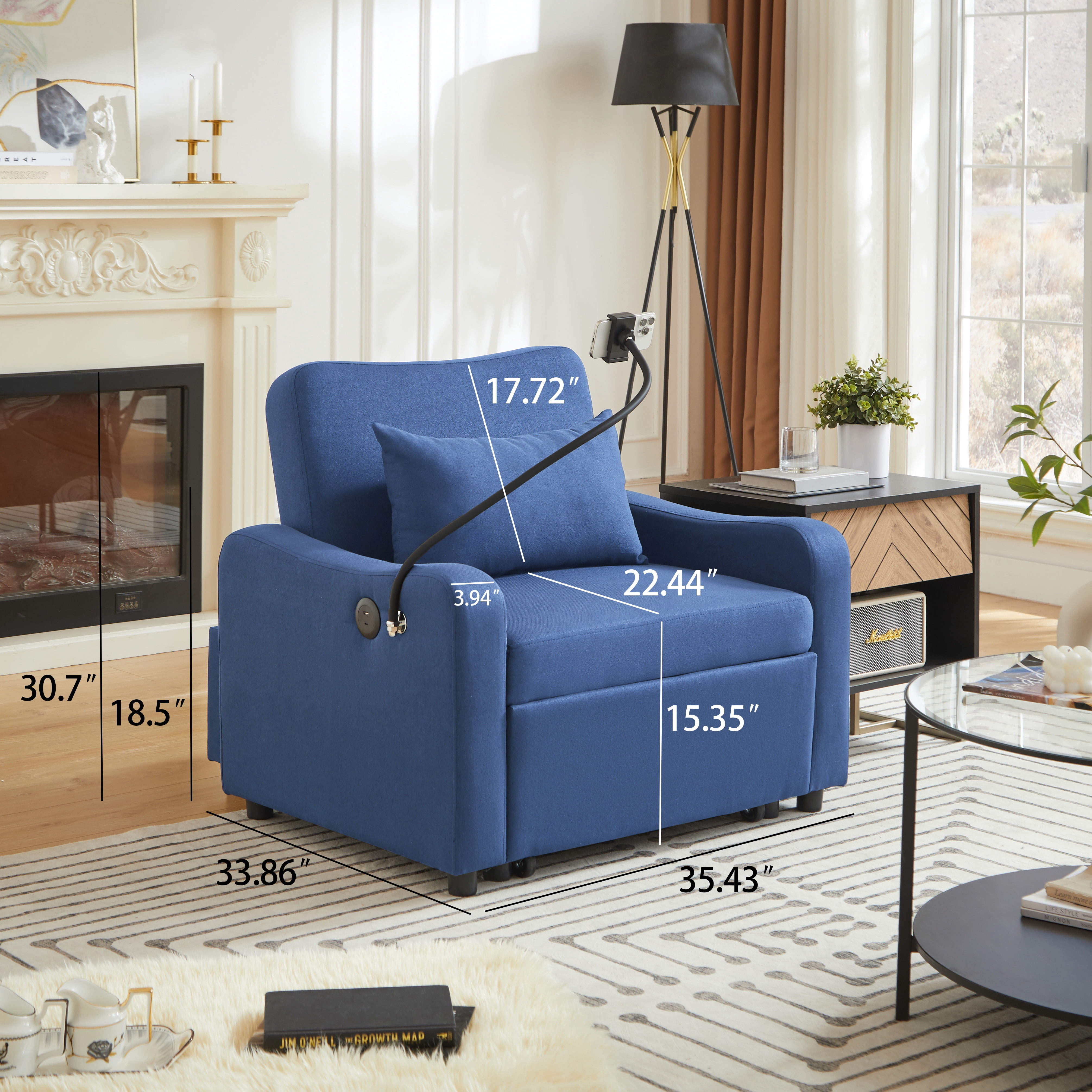 Leumius Convertible Sleeper Sofa Chair Bed,3 in 1 Linen Single Sofa with USB Port and Phone Holder,Pull Out Couch Recliner with Adjustable Backrest for Living Room, Office, Small Place,Dark Blue