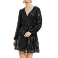 thumbnail image 1 of Vestido de lentejuelas brillantes INSPIRE CHIC para mujer, con cuello en V, mangas largas, cintura ajustable, estilo A-Line, mini vestido de fiesta y club, talla XL, color negro, 1 of 6