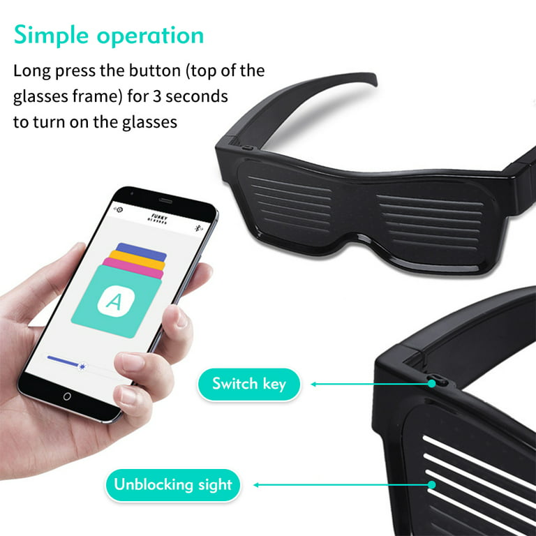 LED Glasses, Bluetooth APP Connected LED Display Smart Glasses USB  Rechargeable DIY Funky Glasses for Party Club DJ Halloween