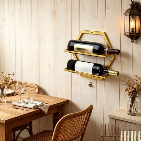 Hexagonal Gold Wall Mount Wine Rack Metal 2-Bottle Wall Wine Holder for Small Apartments Kitchen Study Nooks Dinner Party Wall Wine Display Storage