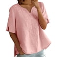 thumbnail image 3 of Womens Summer Cotton Linen Tops V Neck Short Sleeve Shirts Loose Casual Comfy Embroidered T Shirts S-4XL, 3 of 7