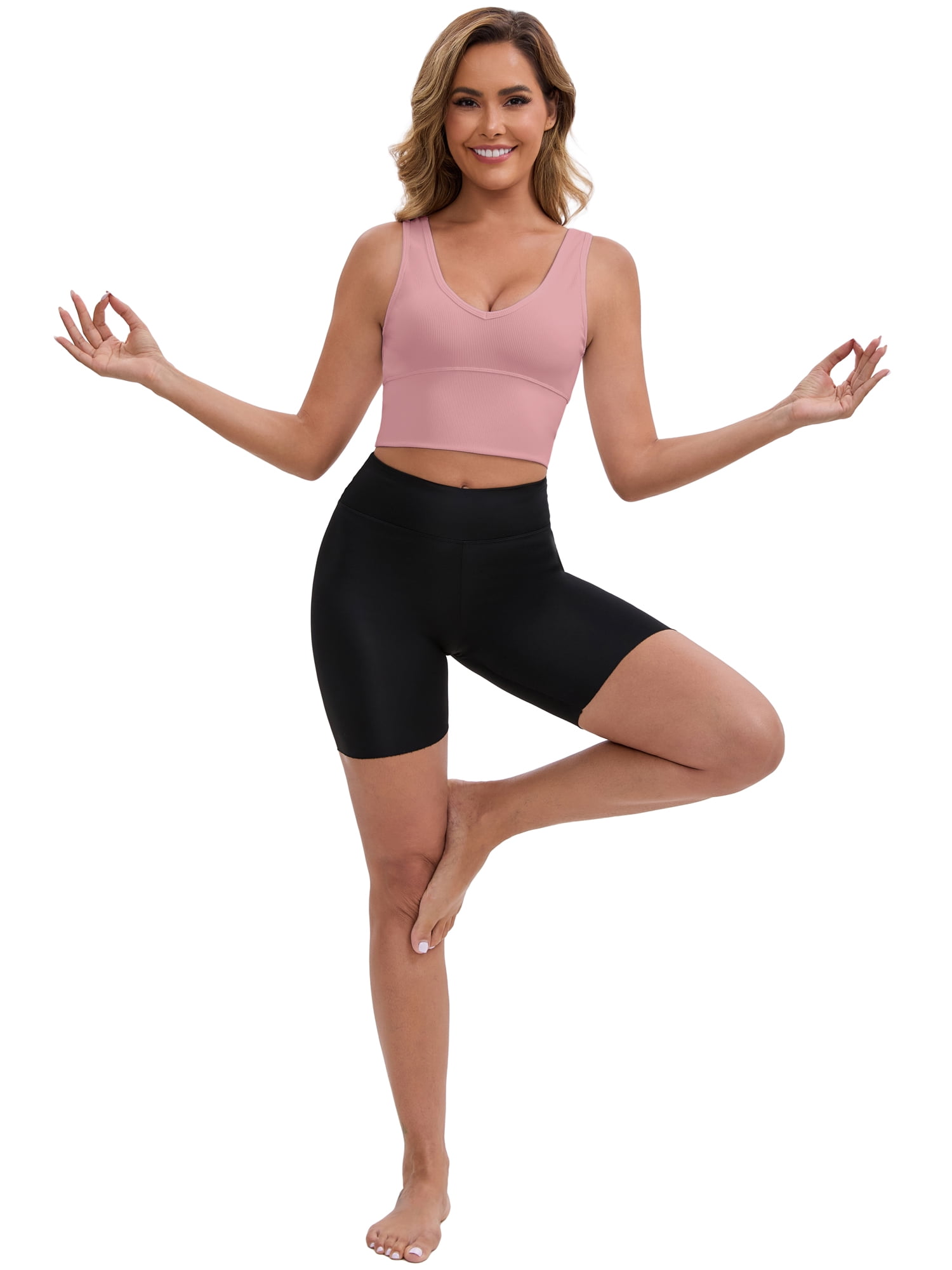 DARING DIVA Ribbed Sports Longline Push Up Crop Wide Strap Bras L Pink
