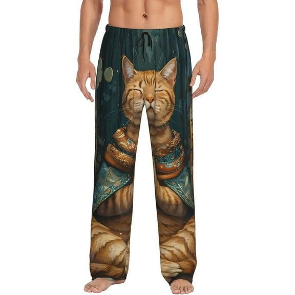 Logiee Surreal Meditating Cat Print Pajama Pants for Men,Men’s Pajama Bottoms,Mens PJ Pants with Pockets & Button Fly-Small