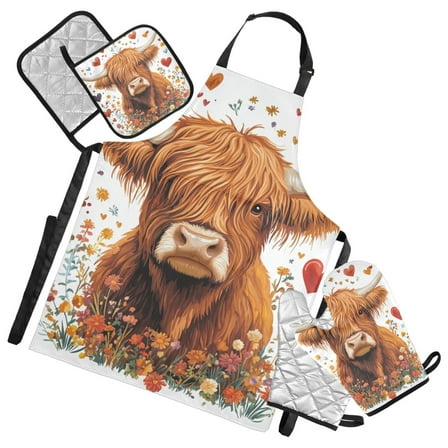 Highland Cow Hearts and Flowers Valentine Apron Set with Oven Mitts Pot Holders Set of 5 Kitchen Stuff Accessories