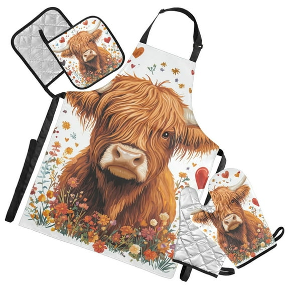 Highland Cow Hearts and Flowers Valentine Apron Set with Oven Mitts Pot Holders Set of 5 Kitchen Stuff Accessories