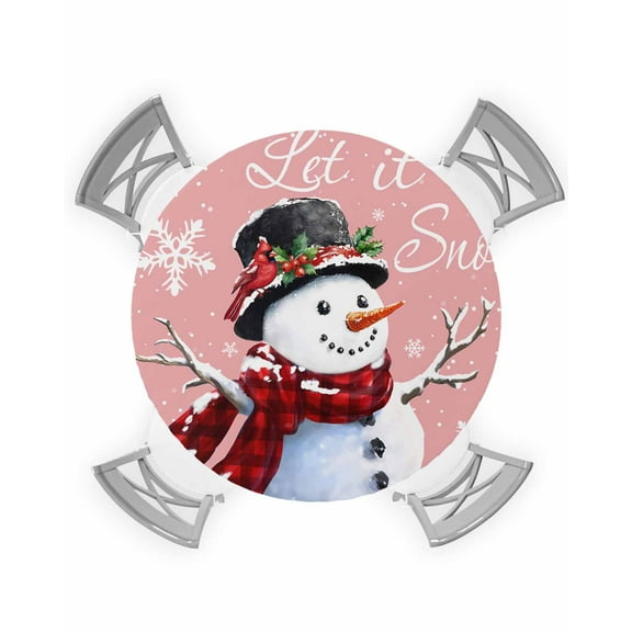 nqOlkjepod Pink Christmas Round Tablecloth, Fitted Table Cover with Elastic for 45"-54" Round Tables, Snowflake Snowman Xmas Birds Berry Table Cloth Outdoor Dinning Party Waterproof Tablecloths