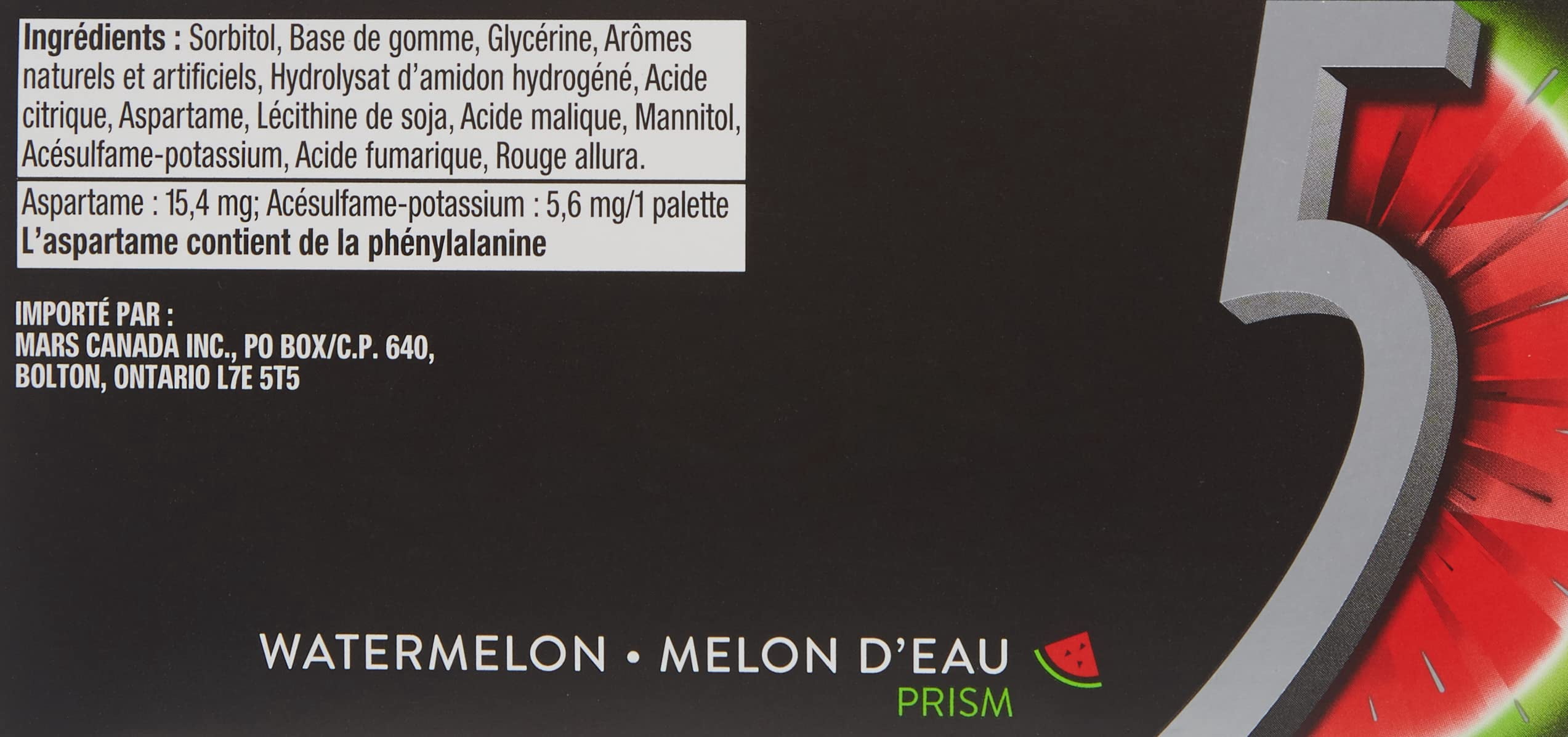 Wrigley 5 Prism Electric Watermelon Gum, 10ct x 15pcs, (Imported from Canada)