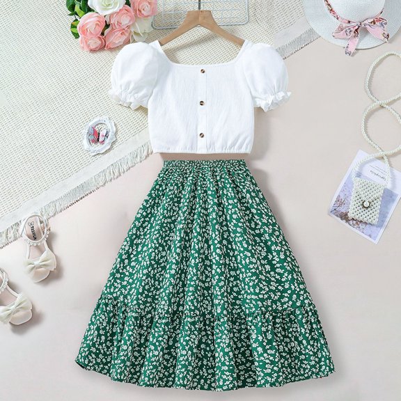Rvasteizo Toddler Girl Summer Outfits Solid Short Sleeve Top Skirt Belt Floral Shorts Set 8-12 Years