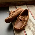 thumbnail image 2 of Minnetonka Men's Suede Moccasin Slippers, Double Bottom Soft Leather Sole Slip-on, Brown Ruff, 7 W, 2 of 6