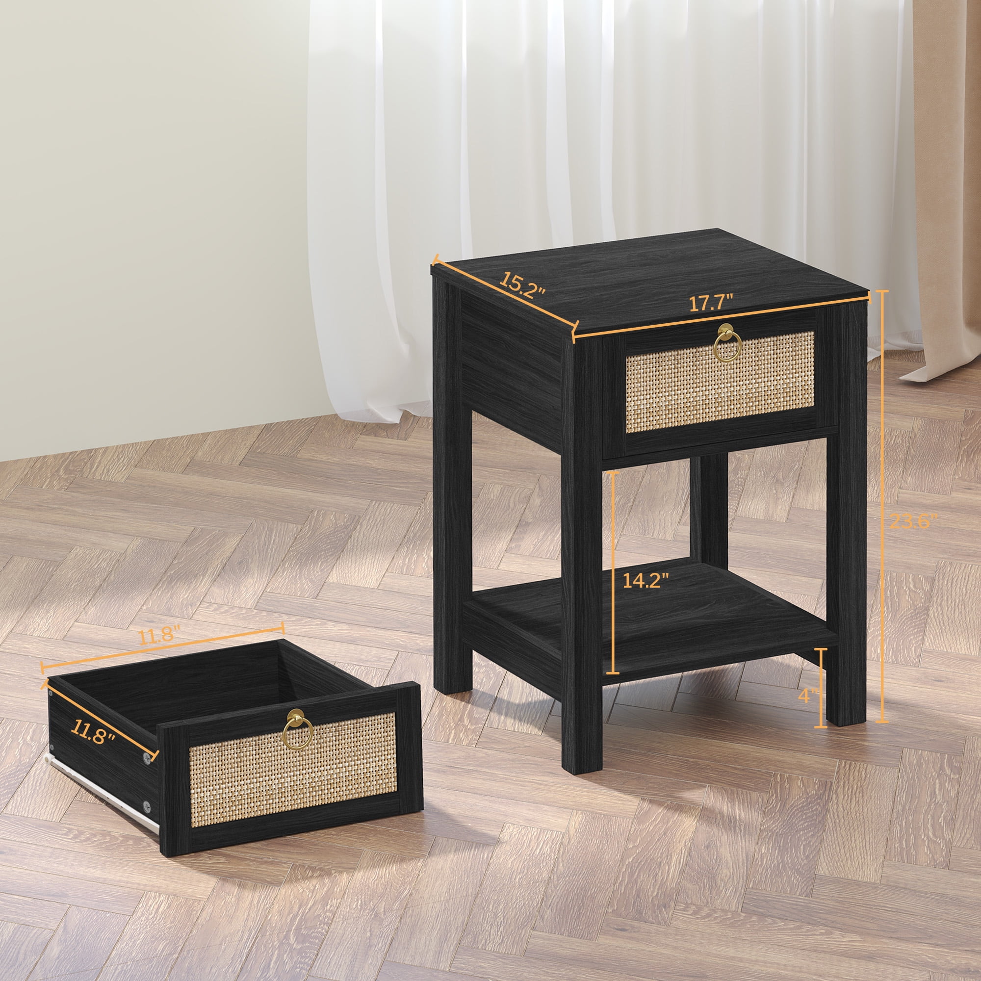 SICOTAS Rattan Nightstands Set of 2, Black Farmhouse Boho End Side Table with Drawers, Engineered Wood Accent Bedside Table for Bedroom, Living Room