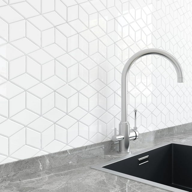 Livelynine Peel and Stick Backsplash Tile for Kitchen White Geometric 4-Tiles 12X12" Backsplash Stick on Tile for Bathroom Shower Walls Renter Friendly Back Splash Tile Sticker Adhesive Wall Tiles