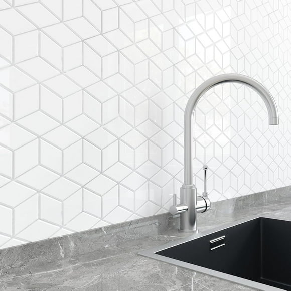 Livelynine Peel and Stick Backsplash Tile for Kitchen White Geometric 4-Tiles 12X12" Backsplash Stick on Tile for Bathroom Shower Walls Renter Friendly Back Splash Tile Sticker Adhesive Wall Tiles