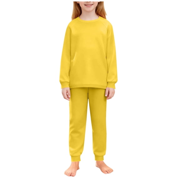 SERTG Girls Solid Color Long Sleeve Top and Pants Set Round Neck Homewear Spring Fall Comfortable Two-Piece Outfit for Kids(Yellow,7-8 Years)