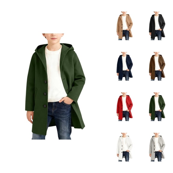 Hooded Button-Down Trench Coat for Kids, Long Sleeve Wool Blend Jacket with Pocket, Classic Spring Autumn Outerwear for Boys and Girls, Sizes 10-12