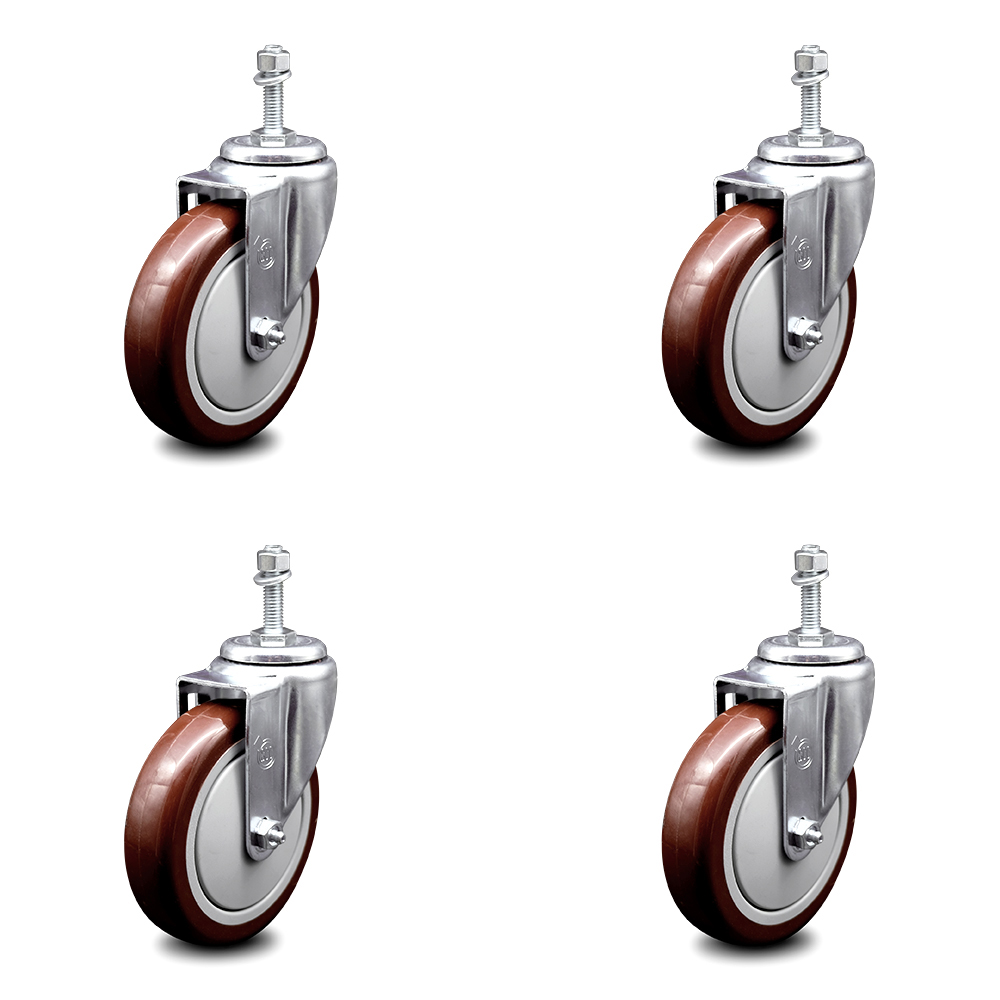 Set of 4 Swivel Stem Casters w 3/" Maroon Poly Wheel and 3//8/" Threaded Stem