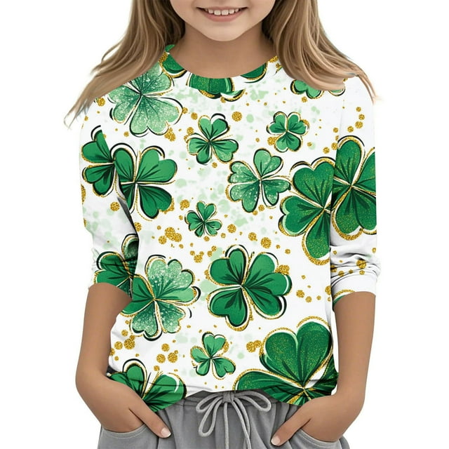 Posijego T-Shirt Filles Garçons Fête de la Saint-Patrick Manches 3/4 Col Rond Graphique Tee Ample Décontracté