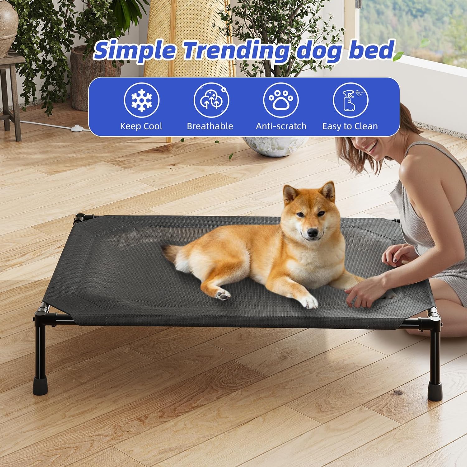 General Elevated Dog Bed for Large Dogs, Waterproof Raised Dog Cot with Washable Mesh, Cooling Breathable Pet Bed for Outdoor, 42" x 31", Black