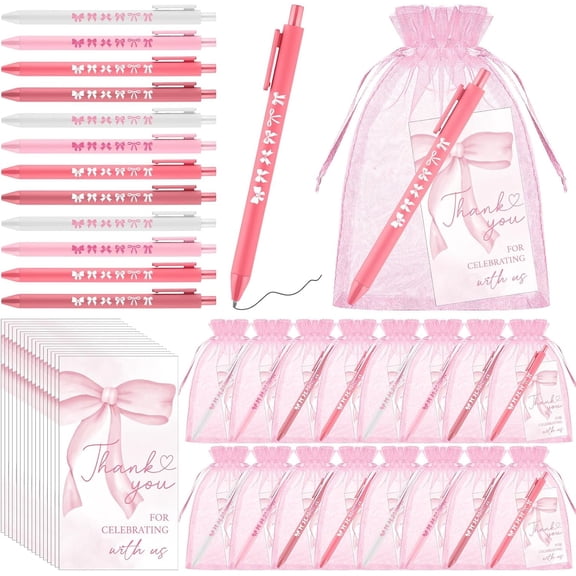 Pink Bow Ballpoint Pens Party Favors Ribbon Thank You Cards Retractable Pen with Black Gel Ink for Guests Office Stationery Wedding Supplies