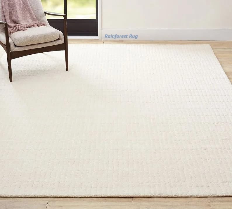 Handmade Capitola Space-Dyed Wool Area Rug with Cotton Backing, Modern Grid Design, Ivory, 5x8, for Living Room, Bedroom, Dining Room, Office