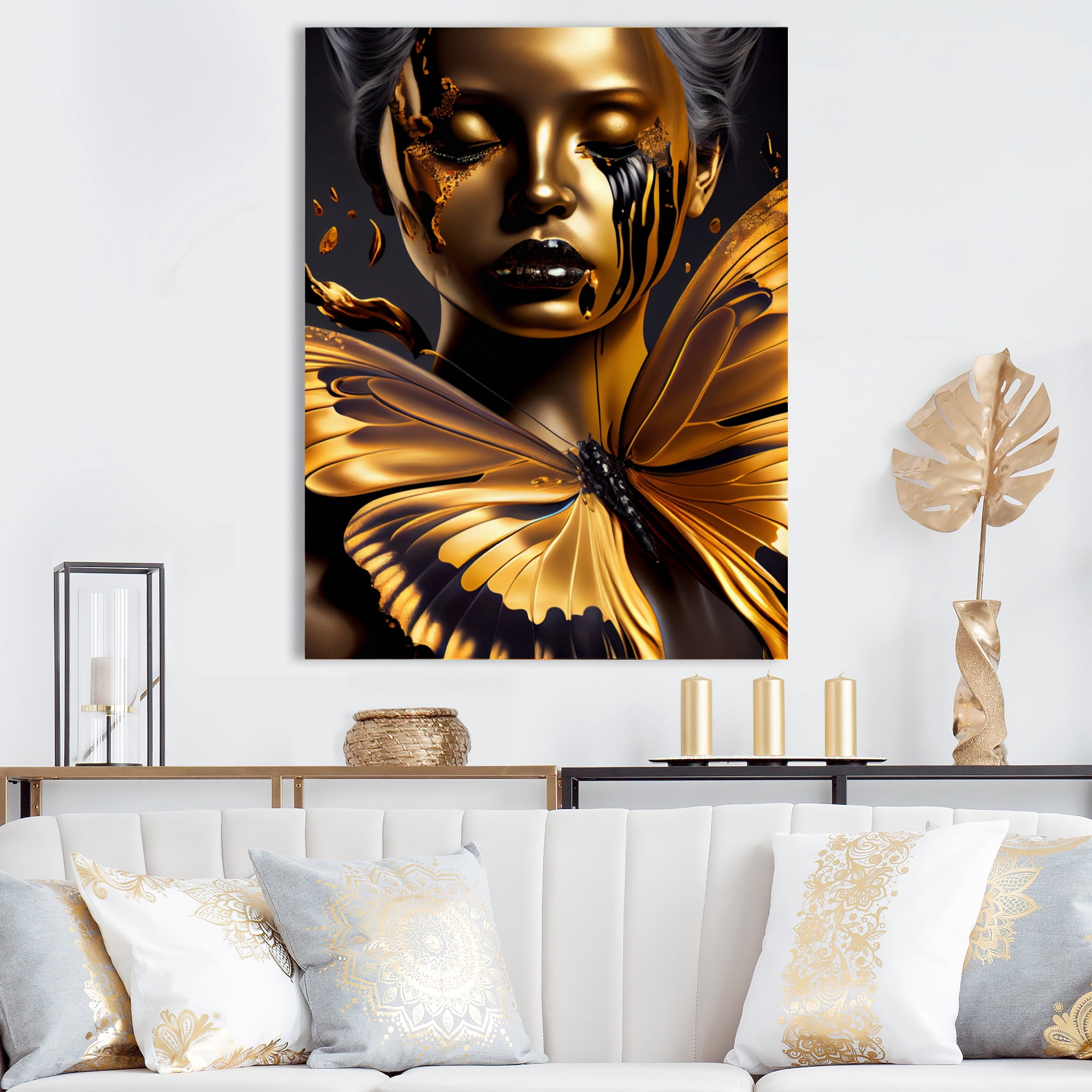 Designart Woman With Black And Gold Butterflies V Canvas Wall Art