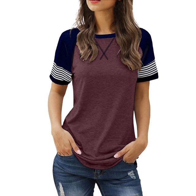 Vente Chaude! Uooqdmx T-Shirts Basiques pour Femmes, Chemise Rayée pour Femmes, Hauts Colorblock pour Femmes, T-Shirt Col Rond Blouse Décontractée Ample, Chemises à Manches Courtes pour Femmes, Vin L