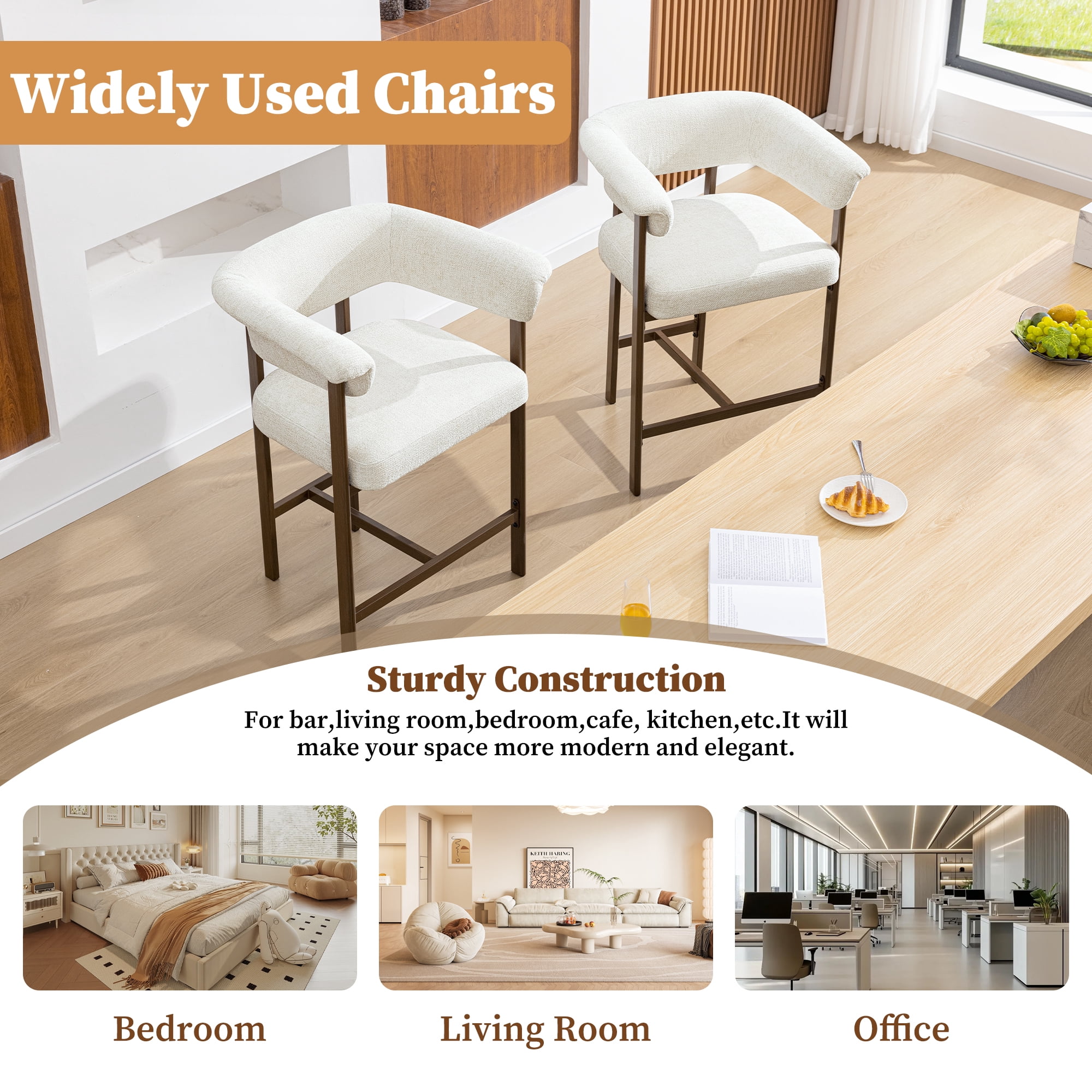 Primy Counter Height Bar Stool with Padded Arms, Modern Fabric Upholstered Dining Room Barstools Kitchen Island Armchair with Footrest+Curved Backrest