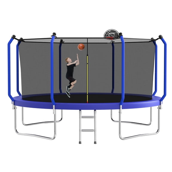 Aukfa 14 FT Trampoline with Safety Enclosure, Basketball Hoop & Ladder, Heavy-Duty Outdoor Jumper for Kids & Adults, Blue