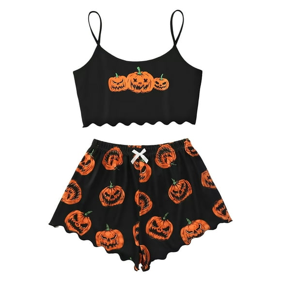 DondPO Womens Pajama Sets Halloween Pajamas Women Print Lettuce Trim Top And Shorts Cute Funny Skeleton Pajama Sets Sleepwear Silk Pajamas For Women Womens Loungewear Set Blue L Clearance!