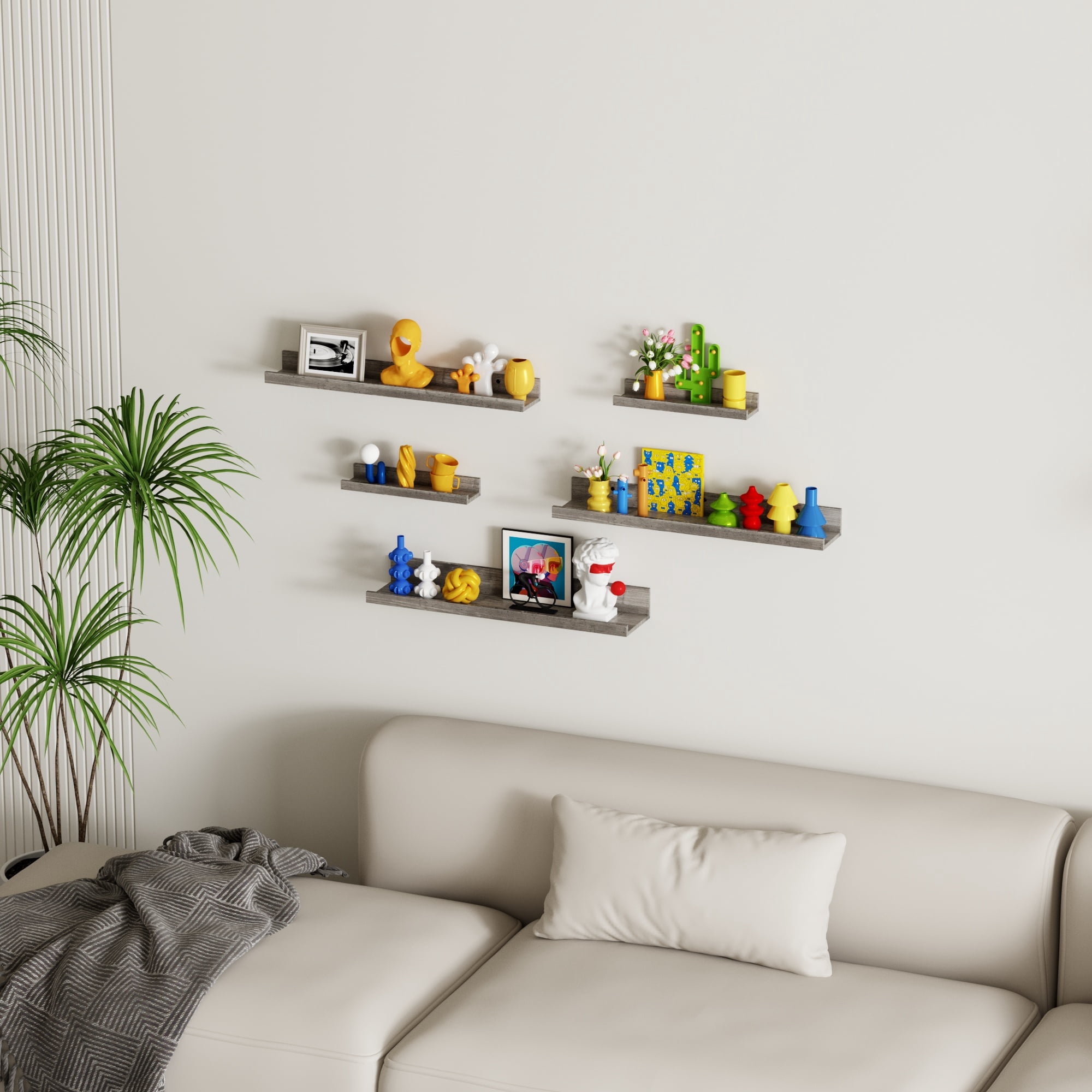 Floating Shelves Set of 5, 24 Inch Wall Mounted Wooden Picture Ledge Shelf for Bathroom, Bedroom, Kitchen, Living Room Storage and Decoration, Gray