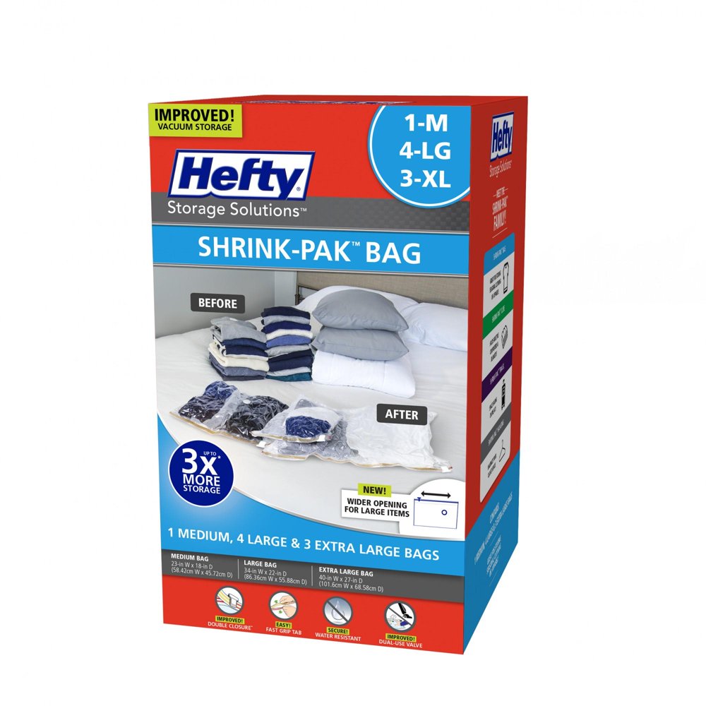 Hefty SHRINKPAK 1M Bag, 4L Bags, & 3XL Bags with Long Zippers