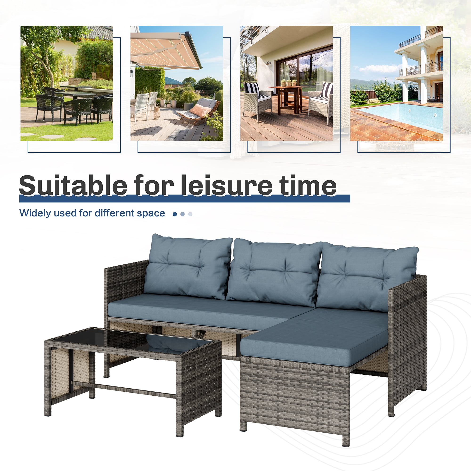 Walsunny 3 Pieces Patio Furniture Sectional Set, All-Weather Wicker Rattan Outdoor Furniture Set with Cushion and Glass Coffee Table, Patio Conversation Set for Garden, Backyard, Pool, Blue