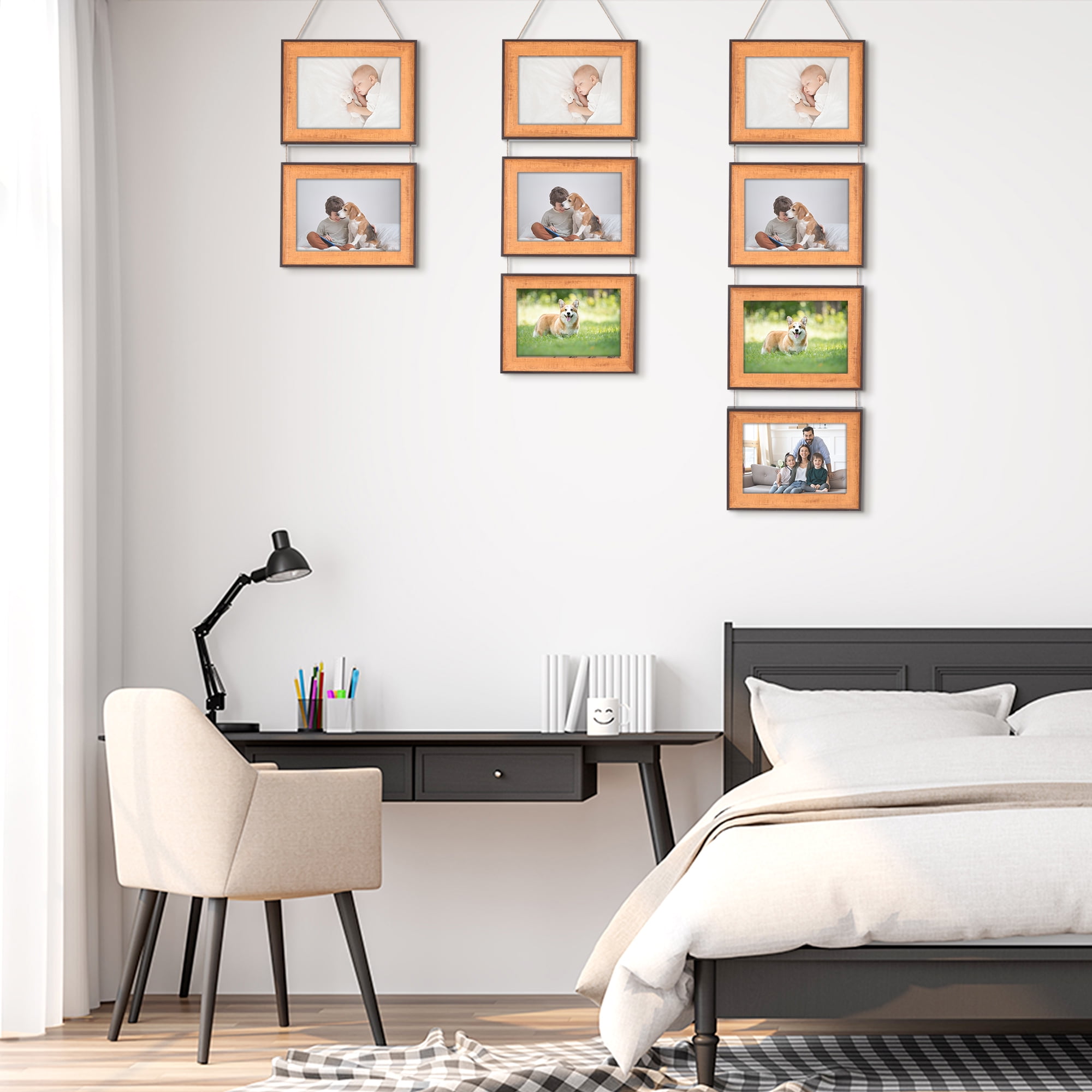 Unique Bargains Hanging Collage Photo Frames with Rope Brown Two Horizontal 5x7