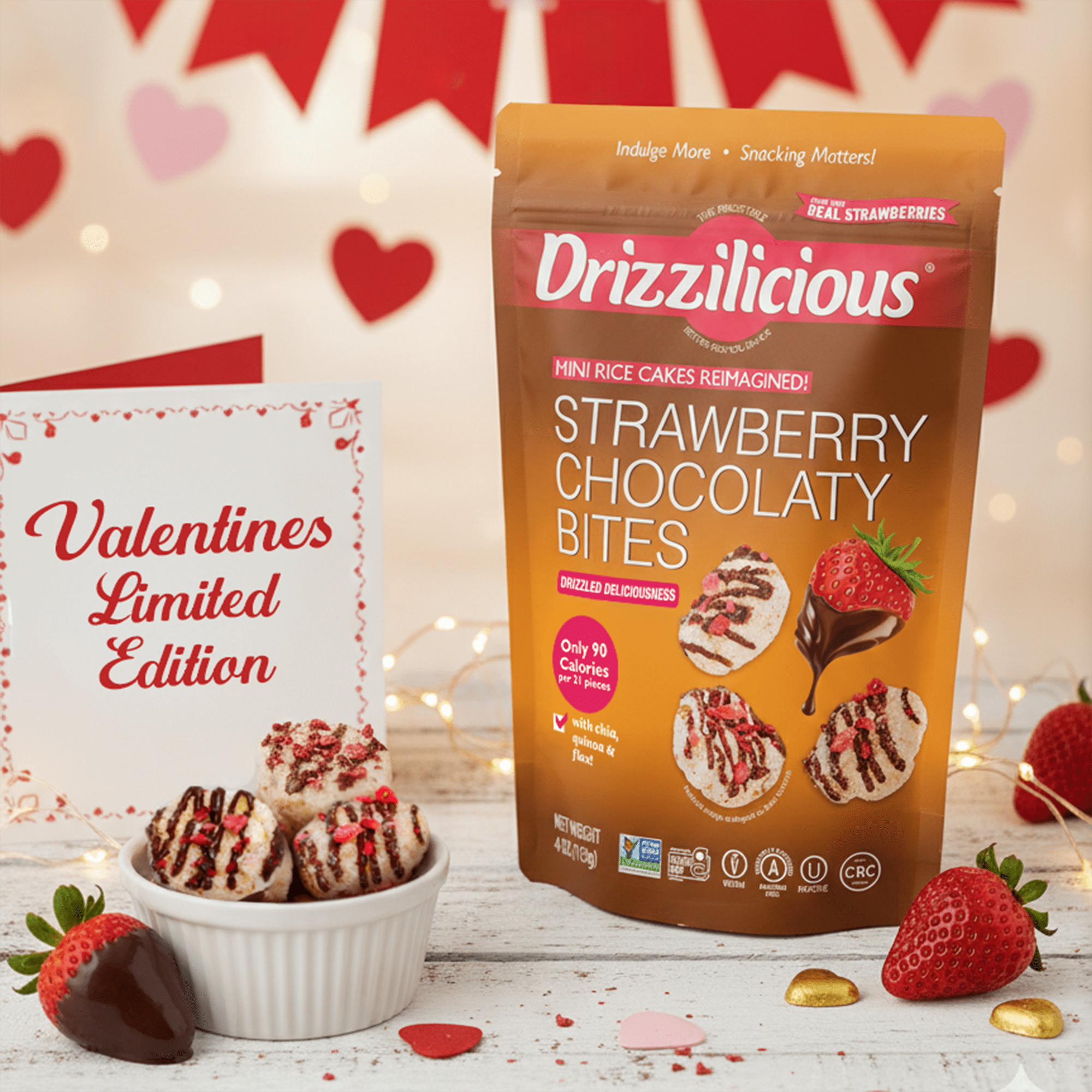 Drizzilicious Mini Rice Cakes, Strawberry Chocolaty Bites Gluten Free Snacks, Rice Crisps 4 oz