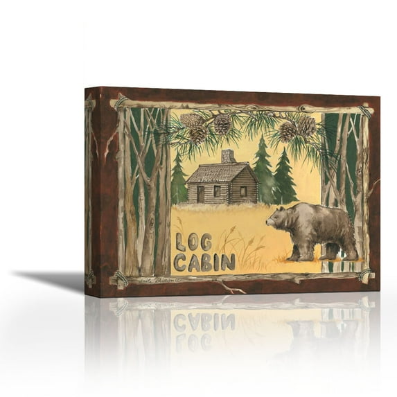 Log Cabin Bear - Contemporary Fine Art Giclee on Canvas Gallery Wrap - wall décor - Art painting - 32 x 24 Inch - Ready to Hang
