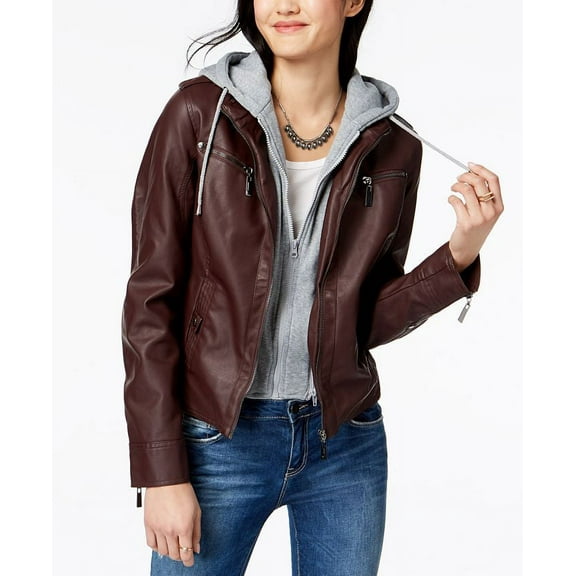 Jou Jou Junior's Faux Leather Hoodie Moto Jacket Brown Size X-Large