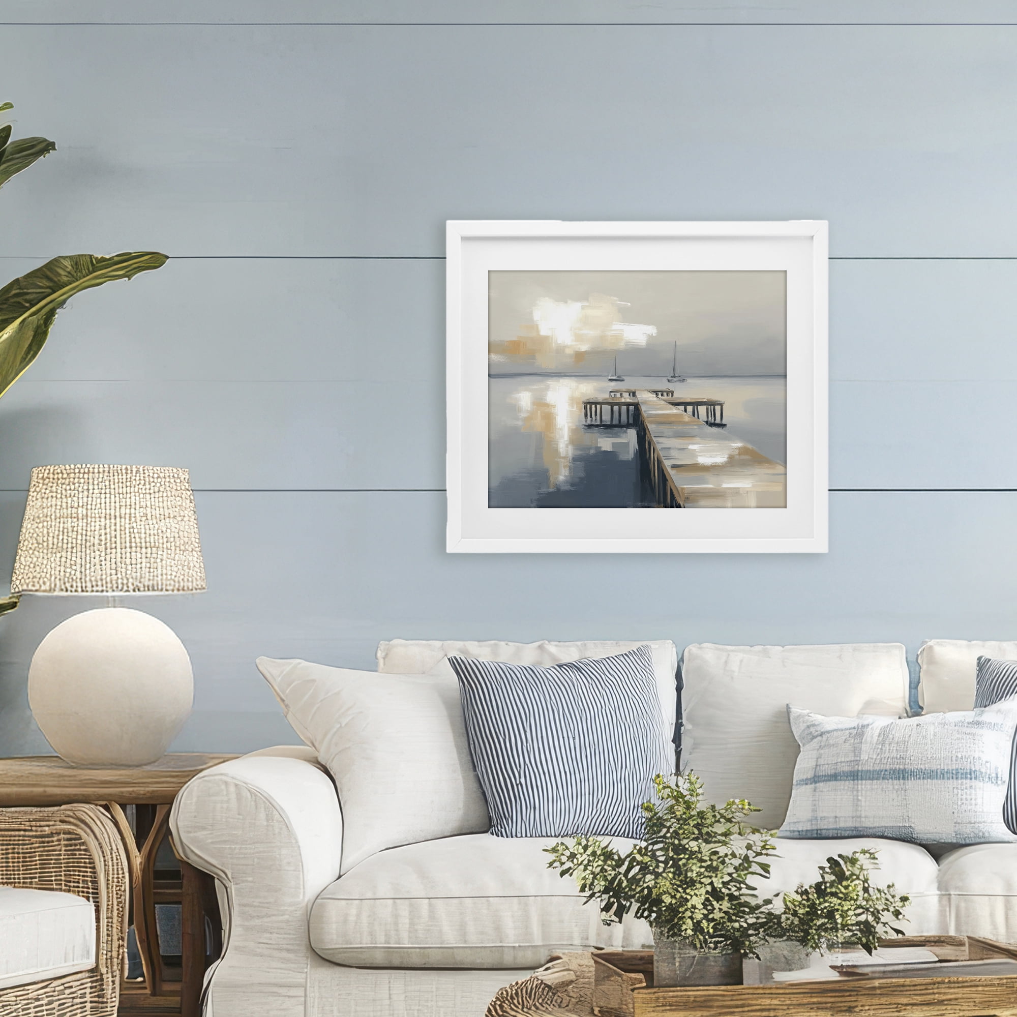Stupell Industries Pier with Two Boats Seascape White Framed Print Under Glass, design by Kim Curinga