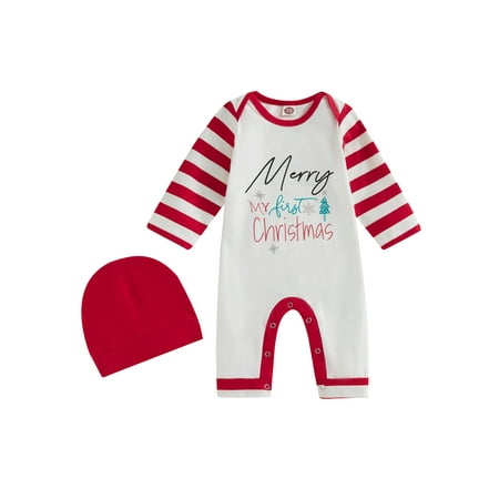 

Gwiyeopda Little Baby Girls Boys Christmas Romper Letter/Snowflake Print Long Sleeve Jumpsuits with Hat/Headband