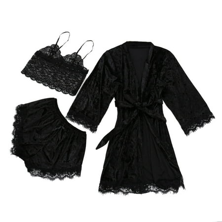 

Dtydtpe pajamas for women Women s Pajamas Lace Velvet Solid Color Lace Three-Piece Pajamas Nightdress Underwear Sleepwear Black