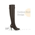 thumbnail image 4 of BLISSFUL STEP Women's Boots Thigh High Stiletto Heel Pointed Toe Buckle Zipper Boots Coffee 7, 4 of 6