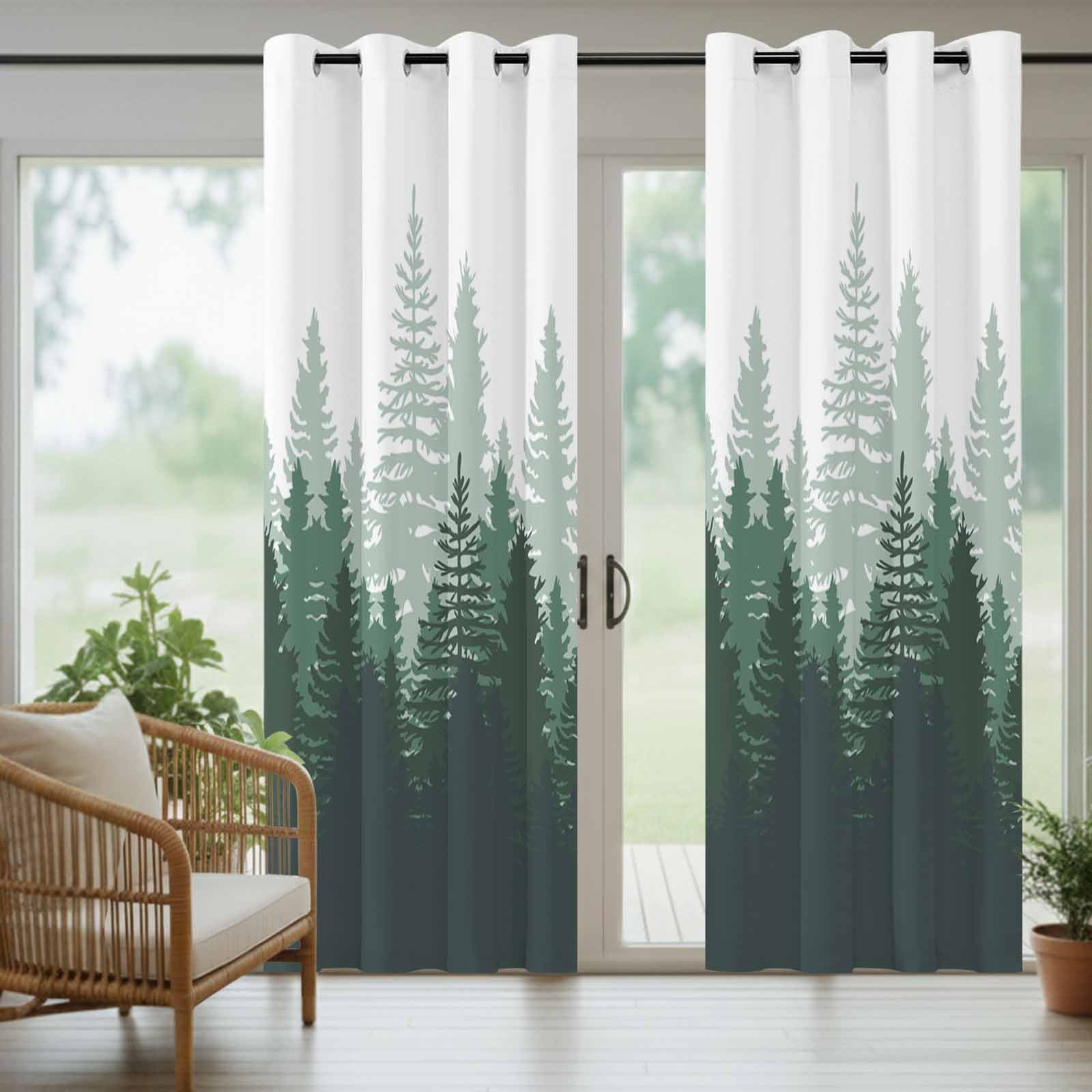 Green Forest Outdoor Curtains for Patio Waterproof, Nature Woodland Tree Misty Forest Silhouette Landscape Grommet Curtains for Porch Outside Privacy Drape for Gazebo Garden Pergola, 1 Panel, 54x84in