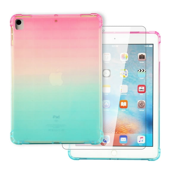 iPad 6th Gen Case with Tempered Glass Screen Protector, iPad 5th Gen Case, iPad Air 2 Case, Dteck Lightweight Ultra Thin Gradient Clear Case Slim Fit Soft TPU Protective Cover,Pink/Green