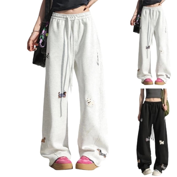 Women Wide Leg Sweatpants Puppy Embroidered Sport Elastic Waist-Ed Baggy Pants Drawstring Casual Fashion Funny Trousers, Light Gray XL