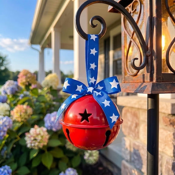 Sktrjpolfis Patriotic Iron Bell Ornament, 5.9in Red White Blue with Star Ribbon for Independence Day Door Decor, 1-Pack