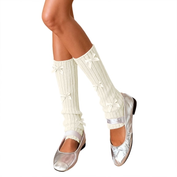 QUOTAY Japanese Style Knitted Over The Knee Socks Ballet Bow Detail Cozy Socks Leg Warmers for Fall Winter Stockings Beige，One Size
