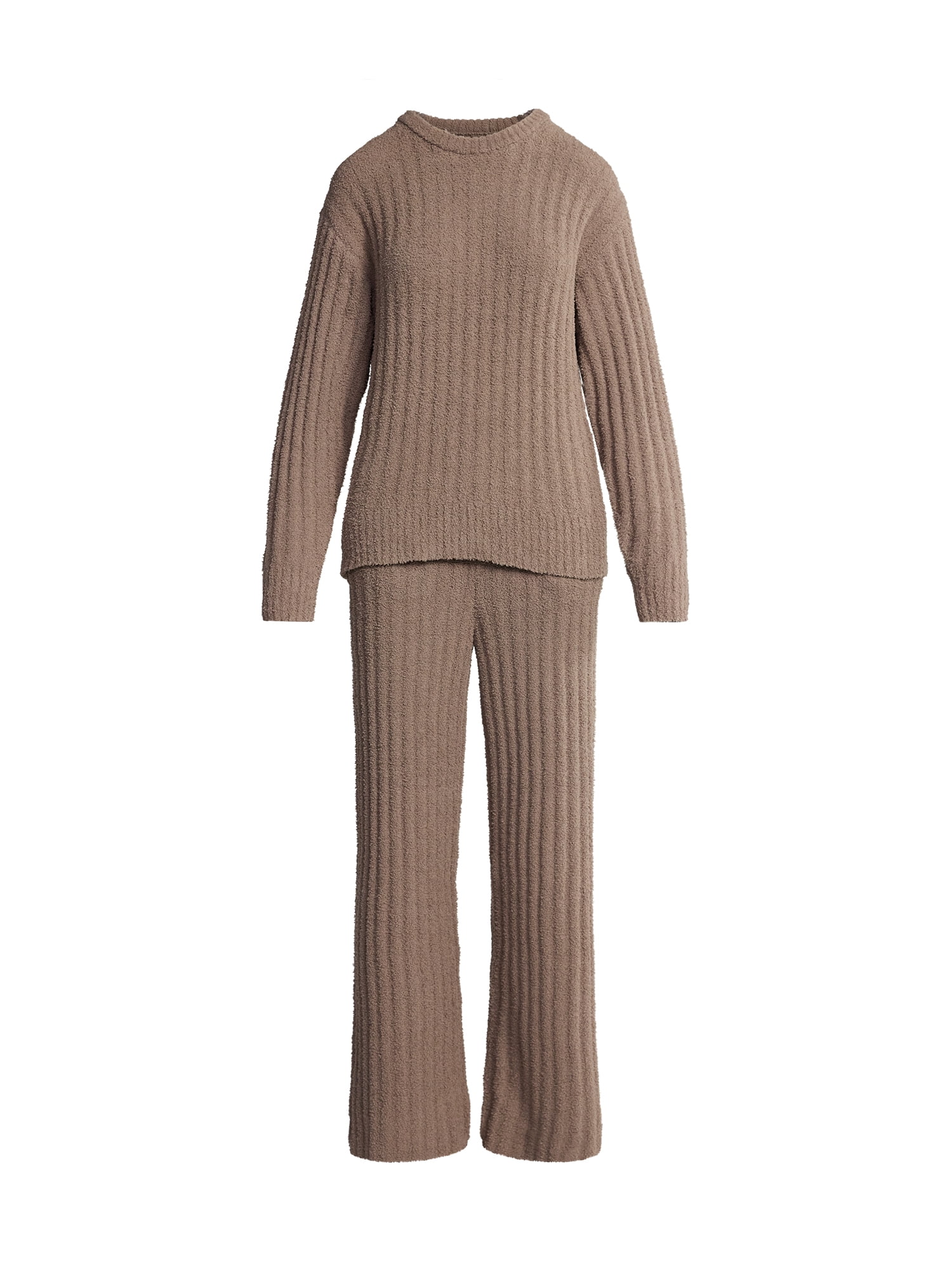 Joyspun Women's Cozy Ribbed Crewneck Top and Wide-Leg Pants Set, 2-Piece, Sizes XS-3X
