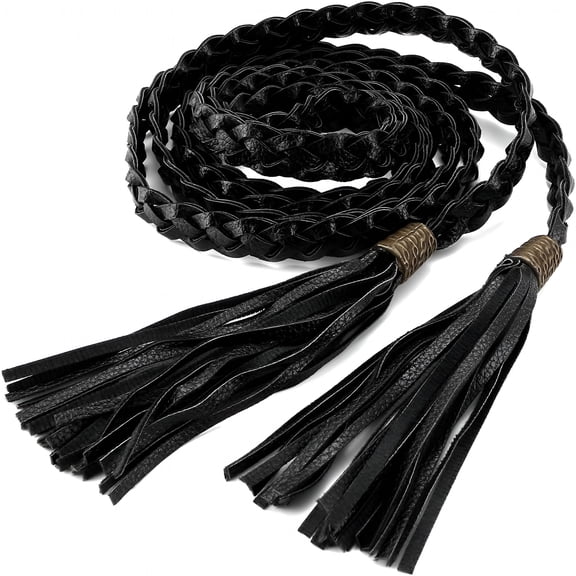 OQRKI Women'S Tassel Braided Rope Belt Pu Leather Waist Belt Thin Woven Boho Waistband for Dress Jeans