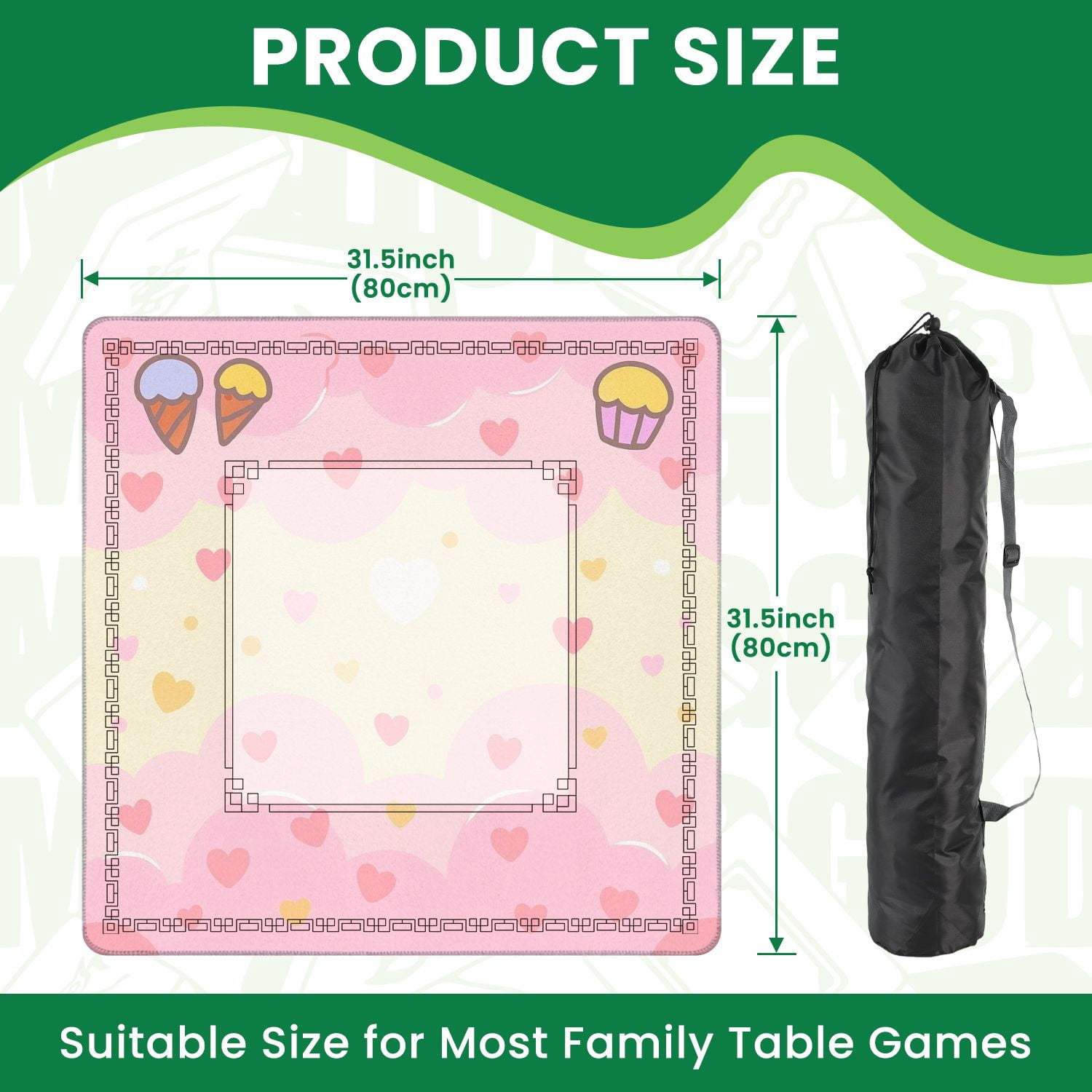 Mahjong Mat 31.5" x 31.5" Cute Pastel Pink Ice Cream Cupcake Hearts Clouds Non-Slip Noise Reduction American Mahjong Tiles Table Cover for Dominoes Poker Card Board Games Gift