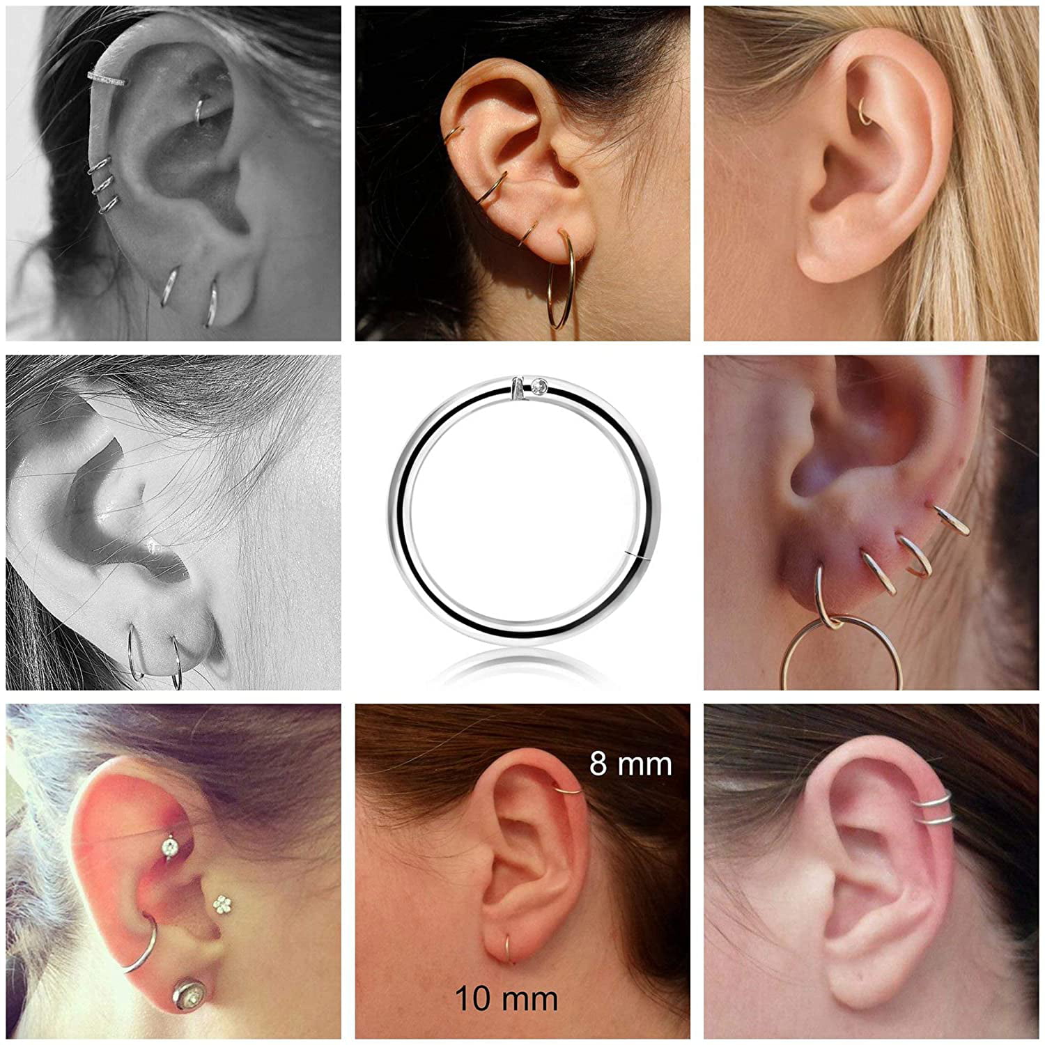FIBO STEEL 10Pcs 6-14mm Stainless Steel 16g Cartilage Hoop Earrings for Men Women Nose Ring Helix Septum Couch Daith Lip Tragus Piercing Jewelry Set 